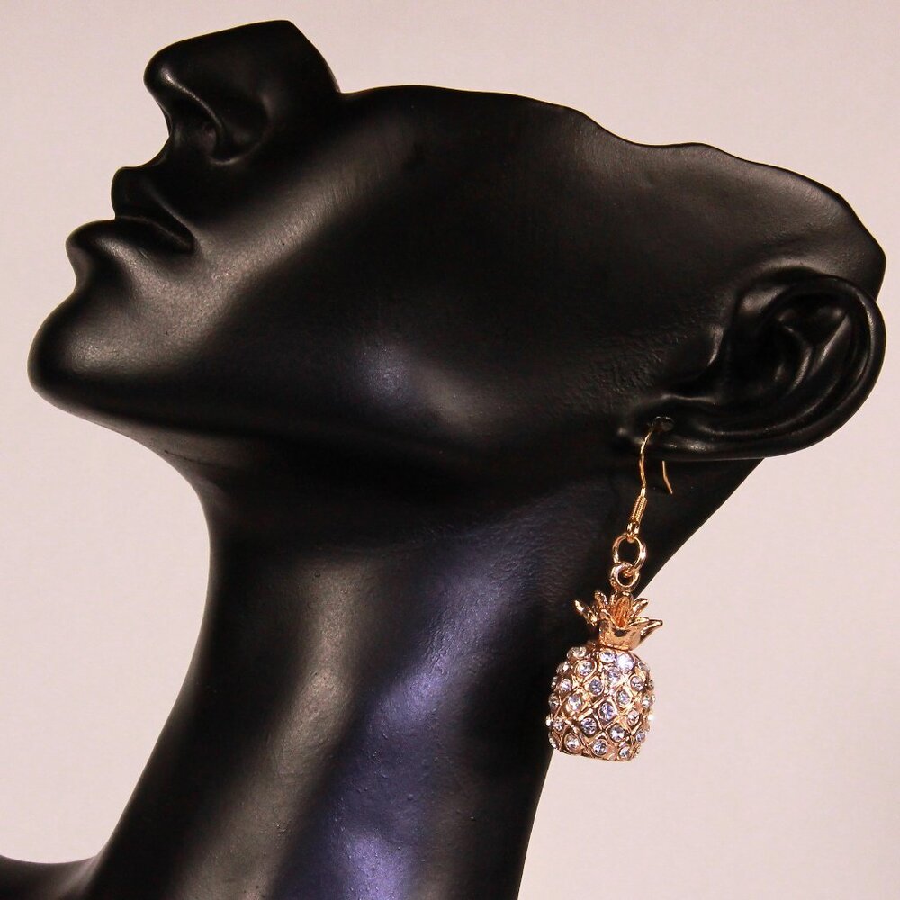 NWOT Gold Pineapple and Rhinestones Drop Earrings - Picture 4 of 8